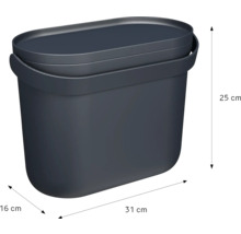 Seau en plastique ovale gris foncé, hauteur 25 centimètres, longueur 31 centimètres, largeur 16 centimètres.