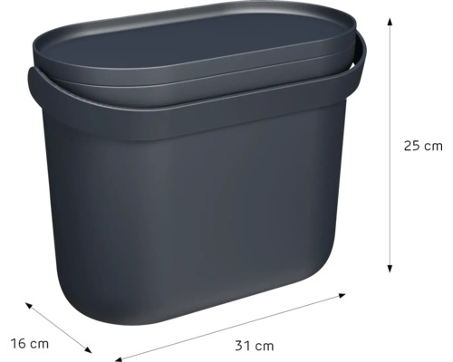 Seau en plastique ovale gris foncé, hauteur 25 centimètres, longueur 31 centimètres, largeur 16 centimètres.