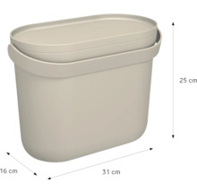 Boîte en plastique beige avec couvercle et poignée, largeur 31 centimètres, hauteur 25 centimètres, profondeur 16 centimètres.