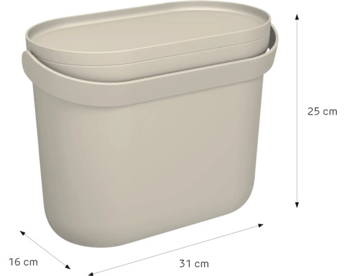 Boîte en plastique beige avec couvercle et poignée, largeur 31 centimètres, hauteur 25 centimètres, profondeur 16 centimètres.