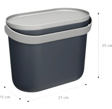 Poubelle en plastique gris foncé avec couvercle gris clair, largeur 31 centimètres, hauteur 25 centimètres, profondeur 16 centimètres.