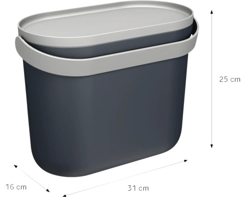 Poubelle en plastique gris foncé avec couvercle gris clair, largeur 31 centimètres, hauteur 25 centimètres, profondeur 16 centimètres.