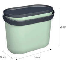Organiseur en plastique vert avec poignée grise, dimensions 31 centimètres par 16 centimètres par 25 centimètres.