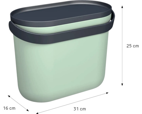 Organiseur en plastique vert avec poignée grise, dimensions 31 centimètres par 16 centimètres par 25 centimètres.