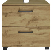Meuble sous-lavabo aspect bois avec deux tiroirs et poignées noires.