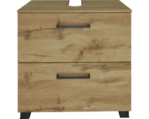 Meuble sous-lavabo aspect bois avec deux tiroirs et poignées noires.