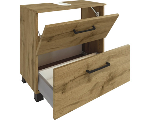 Meuble sous-vasque en aspect bois avec deux tiroirs ouverts, poignées noires et découpe pour siphon.