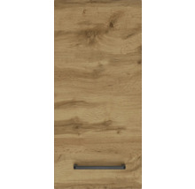 Façade de cuisine aspect chêne avec veinures et nœuds, et une poignée noire.