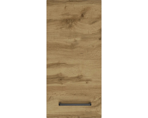 Façade de cuisine aspect chêne avec veinures et nœuds, et une poignée noire.