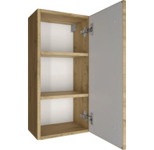 Armoire murale avec deux étagères, décor chêne, panneau arrière blanc, porte ouverte.