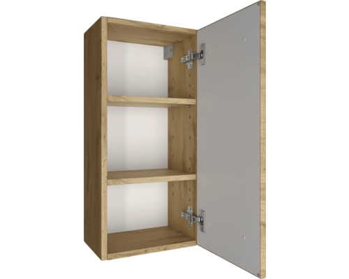 Armoire murale avec deux étagères, décor chêne, panneau arrière blanc, porte ouverte.