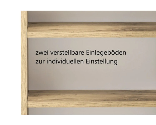 Gros plan d'un meuble aspect bois avec deux étagères réglables pour un aménagement individuel.