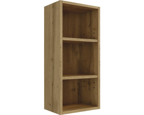 Étagère murale en bois aspect chêne avec trois compartiments.