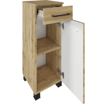 Meuble bas de salle de bains aspect bois avec un tiroir, une porte, des poignées et des pieds noirs.