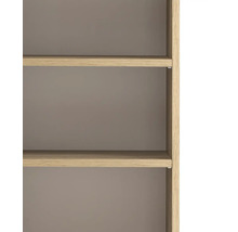 Vue détaillée d'une étagère ou d'une armoire avec deux tablettes en aspect chêne et une paroi arrière grise.