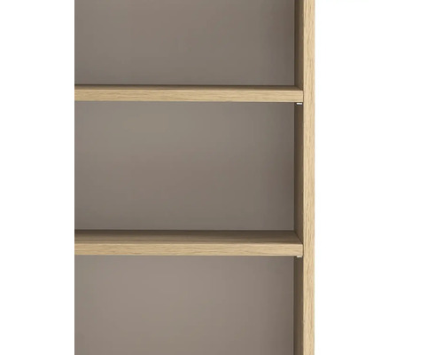 Vue détaillée d'une étagère ou d'une armoire avec deux tablettes en aspect chêne et une paroi arrière grise.