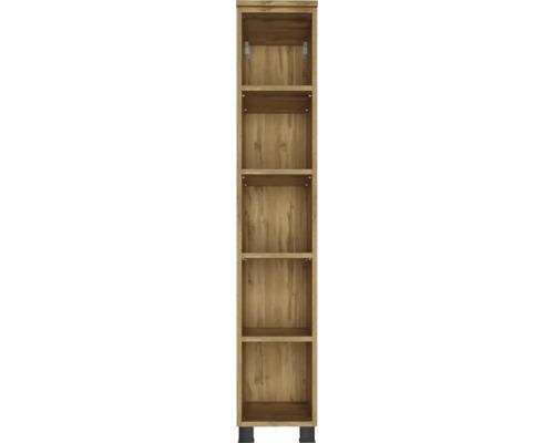 Étagère haute et étroite aspect chêne avec cinq compartiments ouverts et pieds noirs.