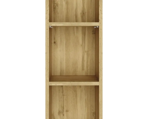 Élément d étagère ouvert avec aspect bois, veinure visible et tablettes.