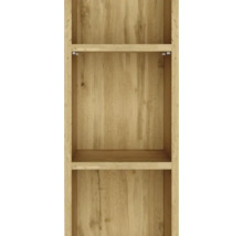 Étagère en bois avec trois compartiments en aspect chêne avec veinure de bois visible.