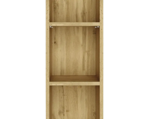 Étagère en bois avec trois compartiments en aspect chêne avec veinure de bois visible.