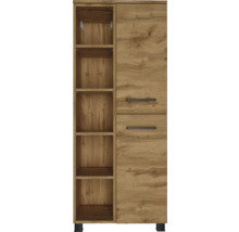 Armoire aspect bois avec cinq compartiments ouverts et deux portes avec poignées noires.