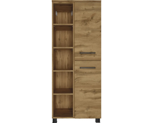 Armoire aspect bois avec cinq compartiments ouverts et deux portes avec poignées noires.