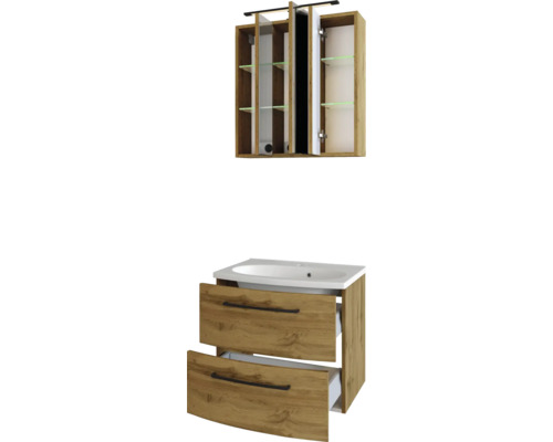 Badezimmermöbel-Set bestehend aus Spiegelschrank mit LED-Beleuchtung und Waschtischunterschrank mit Waschbecken und zwei Schubladen in Holzoptik.