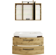 Badezimmermöbel Set bestehend aus einem Waschbeckenunterschrank in Eiche Optik mit zwei Schubladen, weißem Waschbecken und einem Spiegelschrank.