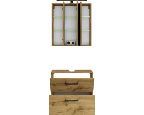 Badmöbel-Set bestehend aus einem Spiegelschrank mit Beleuchtung und einem Waschbeckenunterschrank in Eiche-Optik mit zwei Schubladen.