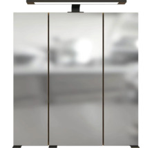 Armoire de toilette à trois portes avec un éclairage LED au dessus.