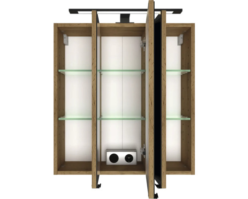 Armoire de toilette aspect bois avec trois portes ouvertes, étagères en verre, éclairage et prise intégrée.