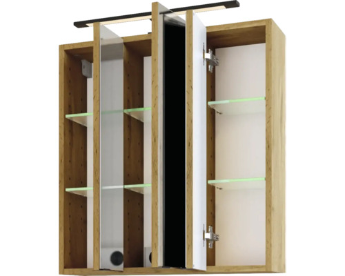 Armoire de toilette en décor bois avec trois portes miroir, éclairage LED et étagères en verre. Vue intérieure avec portes ouvertes.