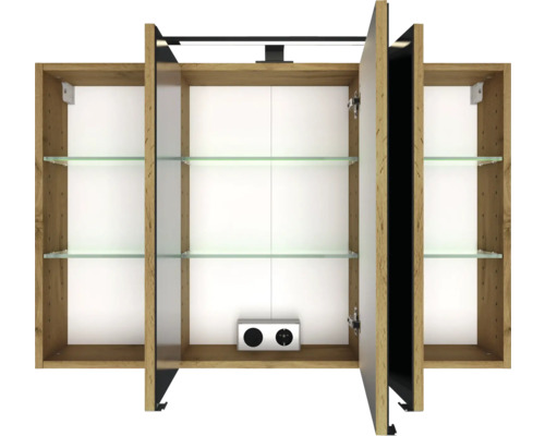 Armoire de toilette à trois portes avec corps en décor bois, éclairage LED, tablettes en verre et prise électrique intégrée.