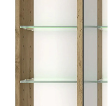 Intérieur d'armoire avec étagères en verre, éclairage intégré et parois latérales aspect bois.