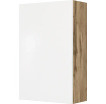 Meuble haut de cuisine avec façade blanc brillant et caisson aspect chêne.