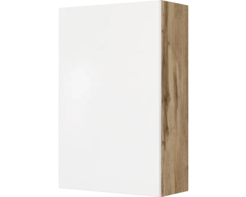 Meuble haut de cuisine avec façade blanc brillant et caisson aspect chêne.