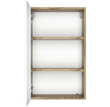 Armoire murale avec porte ouverte, cadre aspect chêne, trois étagères et paroi arrière blanche.