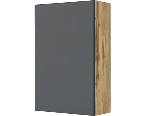 Meuble haut avec façade mate en anthracite et caisson aspect chêne.