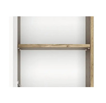 Vue intérieure d'une armoire avec une étagère en aspect bois et des supports d'étagère.