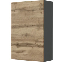 Meuble haut de cuisine avec façade décor chêne et côté gris anthracite.