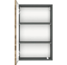 Armoire de toilette ouverte avec trois compartiments et deux étagères, corps anthracite.