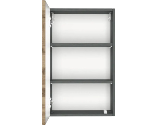 Armoire de toilette ouverte avec trois compartiments et deux étagères, corps anthracite.