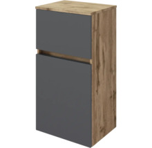 Meuble de salle de bain mi-hauteur aspect chêne avec deux façades grises et design sans poignée.