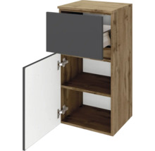 Meuble bas de salle de bains en aspect chêne avec tiroir anthracite et porte ouverte, deux compartiments intérieurs.