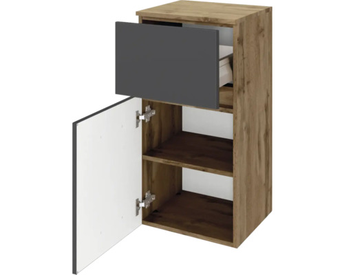 Meuble bas de salle de bains en aspect chêne avec tiroir anthracite et porte ouverte, deux compartiments intérieurs.