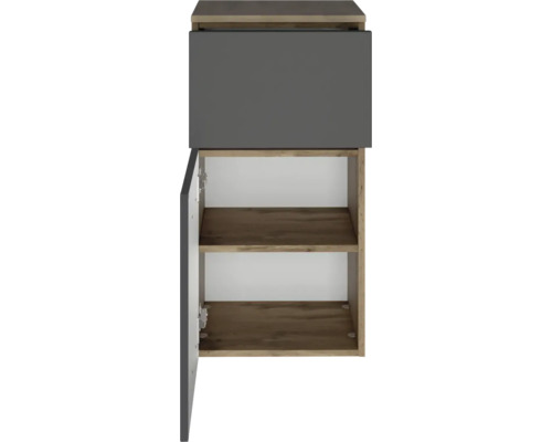 Meuble bas de salle de bain aspect chêne avec un tiroir et une porte en anthracite.