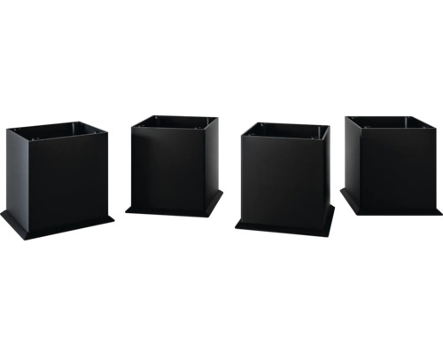 Quatre pieds de meuble noirs carrés en matériau robuste pour une surélévation stable des meubles.