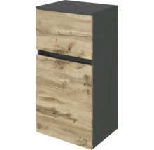 Meuble de salle de bain avec un tiroir et une porte, corps anthracite, façades aspect chêne, design sans poignée.