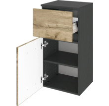 Meuble bas de salle de bain avec tiroir et porte ouverts, corps anthracite et façade aspect chêne, une étagère.