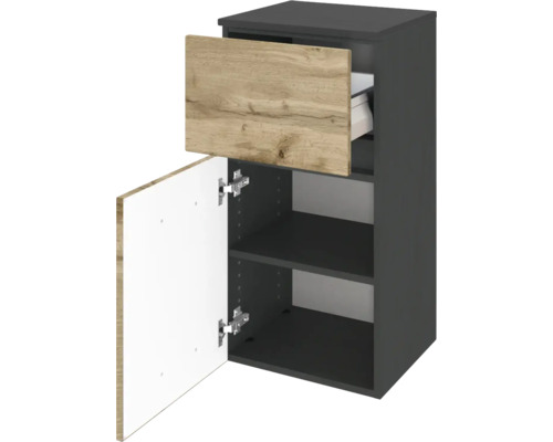 Meuble bas de salle de bain avec tiroir et porte ouverts, corps anthracite et façade aspect chêne, une étagère.
